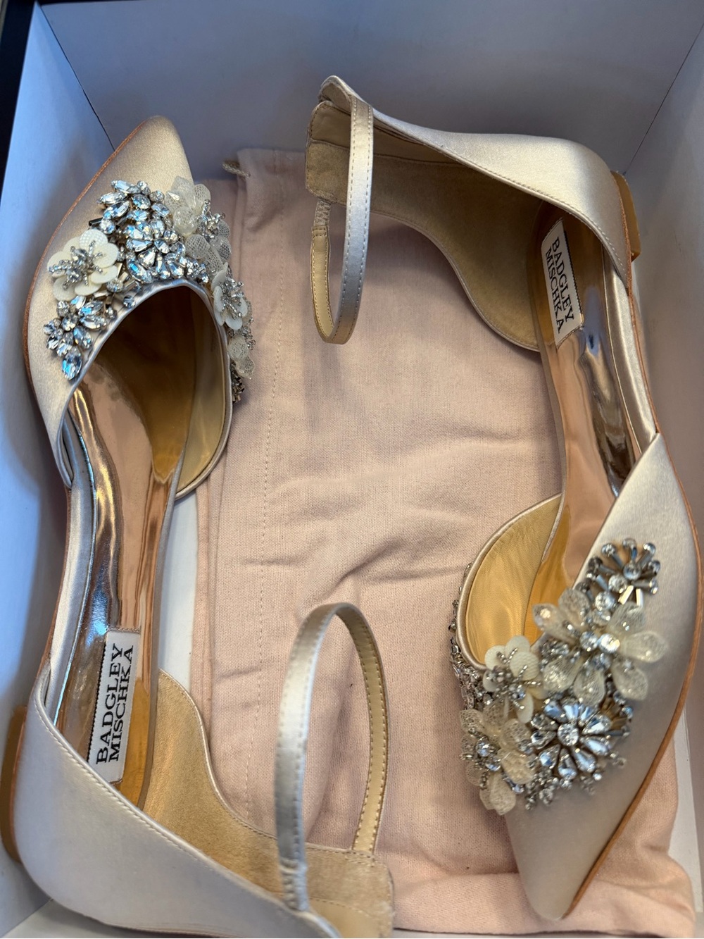 Badgley Mischka Champagne Satin Floral Crystal D'Orsay Flats